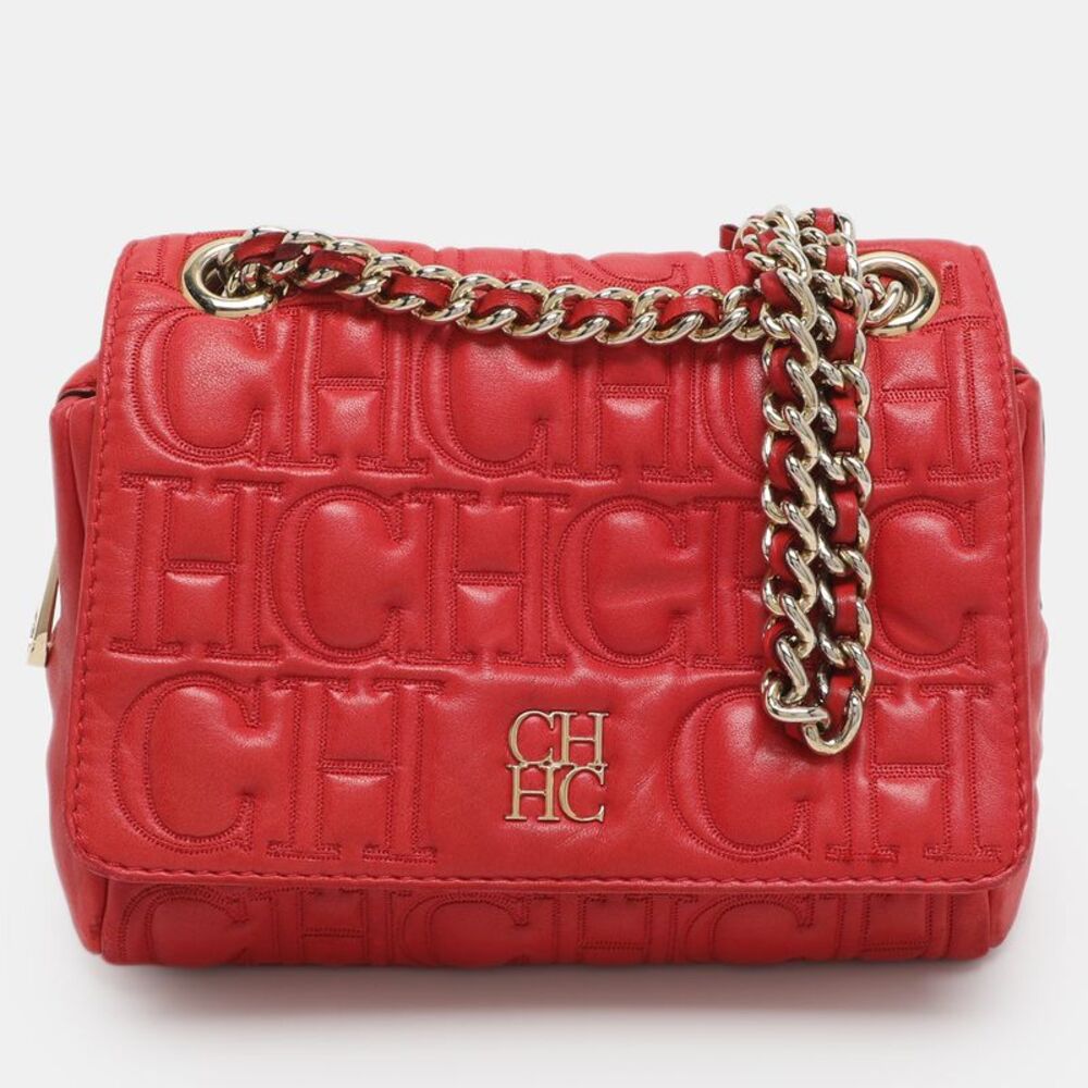 Ch Carolina Herrera Red Monogram Leather Shoulder Bag